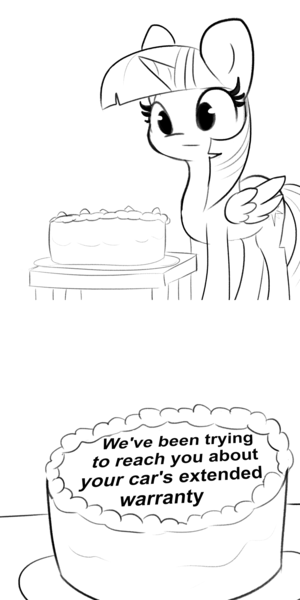 Size: 3000x6000 | Tagged: safe, artist:tjpones, derpibooru import, edit, editor:i-shooped-a-pwny, twilight sparkle, twilight sparkle (alicorn), alicorn, pony, 2 panel comic, absurd resolution, black and white, cake, car, comic, female, food, grayscale, mare, meme, message, monochrome, portal (valve), seems legit, simple background, solo, the cake is a lie, white background