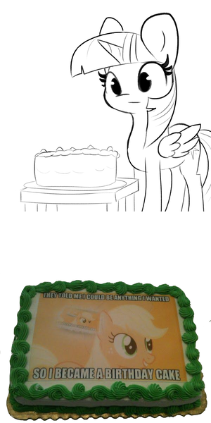 Size: 3000x6000 | Tagged: safe, artist:tjpones, derpibooru import, edit, editor:i-shooped-a-pwny, applejack, twilight sparkle, twilight sparkle (alicorn), alicorn, pony, 2 panel comic, absurd resolution, birthday cake, black and white, cake, caption, comic, droste effect, female, food, grayscale, image macro, mare, meme, message, monochrome, portal (valve), recursion, simple background, solo, text, the cake is a lie, they told me, white background