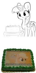 Size: 3000x6000 | Tagged: safe, artist:tjpones, derpibooru import, edit, editor:i-shooped-a-pwny, applejack, twilight sparkle, twilight sparkle (alicorn), alicorn, pony, 2 panel comic, absurd resolution, birthday cake, black and white, cake, caption, comic, droste effect, female, food, grayscale, image macro, mare, meme, message, monochrome, portal (valve), recursion, simple background, solo, text, the cake is a lie, they told me, white background