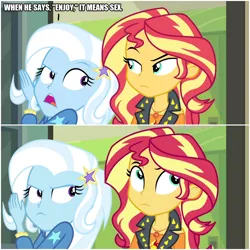 Size: 1000x1000 | Tagged: suggestive, derpibooru import, edit, edited screencap, screencap, sunset shimmer, trixie, equestria girls, equestria girls series, forgotten friendship, book reference, eaters of the dead, implied sex, michael crichton, writer