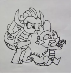 Size: 2956x3035 | Tagged: safe, alternate version, artist:and now... a derpibooru user, derpibooru import, smolder, spike, dragon, molt down, abuse, black and white, drawing, grayscale, monochrome, scene interpretation, slap, slap on back, spikeabuse, traditional art