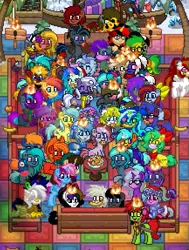 Size: 433x574 | Tagged: safe, derpibooru import, oc, oc:parcly taxel, unofficial characters only, alicorn, earth pony, pegasus, pony, unicorn, pony town, banana, cookie, female, food, huddle, male, mare, stallion, trotcon, trotcon online