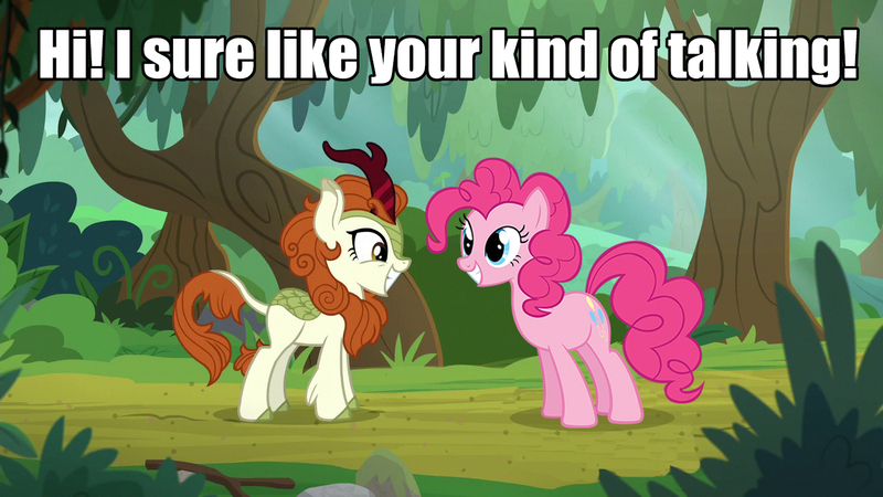 Size: 1280x720 | Tagged: safe, derpibooru import, edit, edited screencap, screencap, autumn blaze, pinkie pie, kirin, pony, sounds of silence, awwtumn blaze, caption, cute, diapinkes, introvert's nightmare, pinkamena diane pie, scary, smiling, text