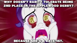 Size: 640x360 | Tagged: safe, derpibooru import, edit, edited screencap, screencap, rarity, pony, unicorn, the cart before the ponies, applewood derby, caption, eye reflection, female, filly, filly rarity, funny, funny as hell, image macro, joke, marshmelodrama, meme, pun, racism, racisty, raribitch, rarity being rarity, rarity is a racist bitch, reflection, ribbon, screaming, shitposting, solo, text, uvula, younger