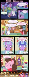 Size: 1280x3310 | Tagged: safe, artist:bigsnusnu, derpibooru import, berry punch, berryshine, cup cake, derpy hooves, pinkie pie, raven, spike, twilight sparkle, earth pony, pegasus, unicorn, comic:dusk shine in pursuit of happiness, blushing, clothes, costume, dusk shine, fear, gravity falls, half r63 shipping, halloween, holiday, implied sex, mabel pines, nightmare night costume, paper bag, paper bag wizard, prank, pregnancy scare, pregnancy test, rick and morty, rick sanchez, rule 63, shipping