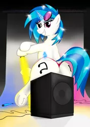 Size: 2480x3508 | Tagged: suggestive, alternate version, artist:eel's stuff, derpibooru import, vinyl scratch, pony, unicorn, both cutie marks, butt, clothes, dock, female, frog (hoof), glasses, huge butt, large butt, looking at you, looking back, magic, magic aura, mare, neon, panties, panty pull, sitting, smiling, solo, speakers, thong, underhoof, underwear, vinyl ass, wide hips
