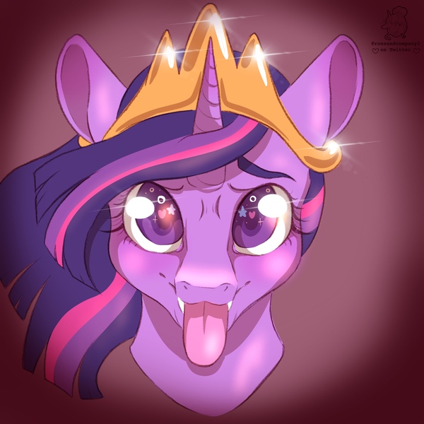 Size: 2048x2048 | Tagged: suggestive, artist:roseandcompany, derpibooru import, princess twilight 2.0, twilight sparkle, twilight sparkle (alicorn), alicorn, pony, the last problem, bedroom eyes, big eyes, crown, female, jewelry, older, older twilight, regalia, solo, solo female, sparkles, tongue out