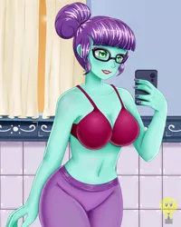 Size: 1600x2000 | Tagged: suggestive, alternate version, artist:focusb, derpibooru import, rosette nebula, equestria girls, belly button, big breasts, bra, breasts, busty rosette nebula, clothes, commission, commissioner:someguy845, cougar, female, glasses, indoors, mobile phone, nail polish, phone, red bra, red underwear, selfie, sexy, smartphone, smiling, solo, solo female, stupid sexy rosette nebula, underwear