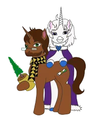 Size: 1260x1554 | Tagged: safe, artist:assertiveshypony, derpibooru import, oc, oc:green scroll, oc:snowmoon, unofficial characters only, pony, unicorn, derpibooru community collaboration, 2021 community collab, beard, bipedal, cloak, clothes, cutie mark, facial hair, glasses, looking at you, plant, scarf, simple background, transparent background, tree