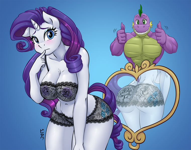 Size: 1000x788 | Tagged: questionable, artist:cabrony, artist:pia-sama, derpibooru import, rarity, spike, anthro, dragon, unicorn, adult, adult spike, approval, ass, bent over, big breasts, breasts, busty rarity, butt, cleavage, clothes, commission, digital art, female, image, large butt, lidded eyes, lingerie, looking at you, male, nipples, nudity, older, older spike, png, rearity, see-through, shipping, sparity, straight, technicolor nipples, thumbs up, vacuum sealed clothing