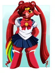Size: 2850x3809 | Tagged: anime, artist:pridark, bipedal, clothes, cosplay, costume, crossover, derpibooru import, high res, hippogriff, hippogriff oc, oc, patreon, patreon reward, rainbow tail, safe, sailor moon, serena tsukino, solo, unofficial characters only