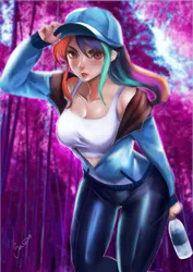 Size: 1447x2046 | Tagged: safe, artist:bunsogen, derpibooru import, edit, rainbow dash, human, breasts, busty rainbow dash, cap, cleavage, clothes, female, hat, humanized, solo, sports bra, trace, water bottle