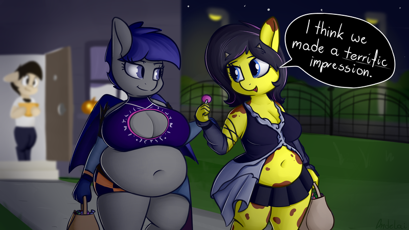 Size: 5760x3240 | Tagged: suggestive, artist:andesblorps, derpibooru import, oc, oc:chug-a-lug, oc:midnight blossom, oc:reia hope, unofficial characters only, anthro, bat pony, earth pony, pegasus, bat pony oc, bat wings, belly, belly button, big belly, big breasts, breasts, candy, chubby, cleavage, cleavage window, clothes, costume, earth pony oc, fat, final fantasy x-2, food, halloween, holiday, large butt, night, paine (costume), pegamoo, pegasus oc, thicc ass, trick or treat, wings, yuna (costume)