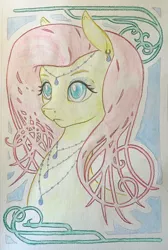 Size: 888x1320 | Tagged: safe, artist:grokostimpy, derpibooru import, fluttershy, pony, bust, ear piercing, earring, female, forehead pendant, hair chain, headpiece, jewelry, looking away, mare, modern art, necklace, nouveau, pendant, piercing, portrait, solo, three quarter view, traditional art