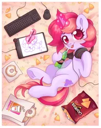 Size: 1974x2500 | Tagged: safe, artist:hawthornss, derpibooru import, oc, oc:dawnfire, unofficial characters only, mouse, pony, unicorn, bed, blushing, chips, cute, donut, doritos, drink, dunkin donuts, food, frog (hoof), headphones, keyboard, looking at you, lying down, magic, mountain dew, prone, tablet, tablet drawing, tablet pen, tongue out, underhoof