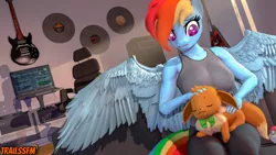 Size: 3840x2160 | Tagged: 3d, anthro, artist:trailssfm, bow, breasts, busty rainbow dash, chair, clothes, computer, couch, cute, derpibooru import, desk, eevee, guitar, musical instrument, pants, petting, pokéball, pokémon, rainbow dash, record, safe, sitting, smiling, source filmmaker, speakers, tanktop, wings