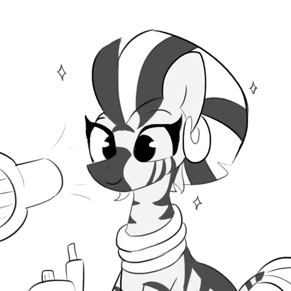 Size: 3000x3000 | Tagged: safe, artist:tjpones, derpibooru import, zecora, zebra, black and white, cute, female, grayscale, hair dryer, monochrome, simple background, solo, sparkles, white background, zecorable