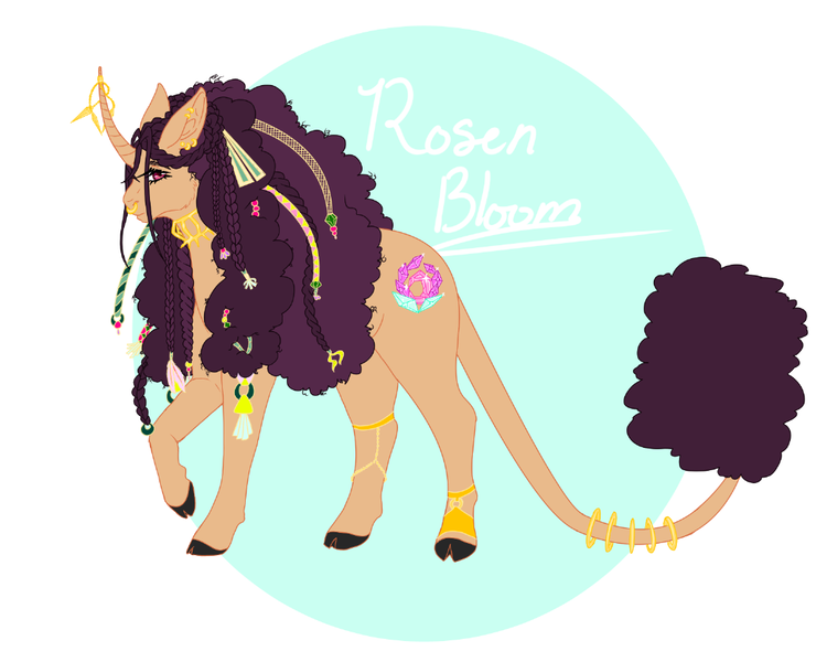 Size: 1056x856 | Tagged: safe, artist:minikitty101, derpibooru import, oc, oc:rosen bloom, pony, unicorn, big hair, cloven hooves, female, horn, horn ring, jewelry, leonine tail, magical lesbian spawn, mare, nose piercing, nose ring, offspring, parent:saffron masala, parent:trixie, parents:safftrix, piercing, ring, solo, tail, tail ring