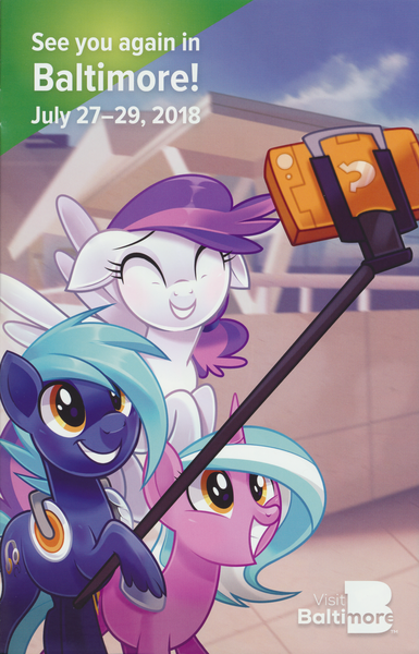 Size: 1960x3052 | Tagged: safe, derpibooru import, oc, oc:blank canvas, oc:hoof beatz, oc:mane event, pony, bronycon, bronycon 2017, baltimore convention center, bronycon 2017 con book, mobile phone, phone, selfie stick