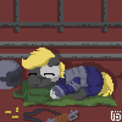 Size: 800x800 | Tagged: safe, artist:vohd, derpibooru import, oc, oc:maple wood, unofficial characters only, earth pony, pony, animated, armor, bag, frame by frame, helmet, metro 2033, pixel art, robotic legs, sleeping, solo, weapon