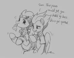 Size: 2063x1617 | Tagged: safe, artist:luciferamon, derpibooru import, fleetfoot, soarin', pegasus, pony, dialogue, duo, female, food, male, mare, monochrome, pizza, stallion