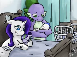 Size: 1024x768 | Tagged: safe, artist:graygrayblue, derpibooru import, rarity, spike, oc, oc:aurora starfire, oc:chariot blade, dracony, hybrid, baby, female, interspecies offspring, male, newborn, offspring, older, older spike, parent:rarity, parent:spike, parents:sparity, shipping, sparity, straight