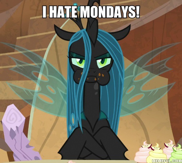 Size: 600x538 | Tagged: safe, derpibooru import, edit, edited screencap, screencap, mean twilight sparkle, queen chrysalis, changeling, changeling queen, frenemies (episode), apple, caption, cupcake, cute, cutealis, eating, female, food, garfield, i hate mondays, image macro, log, memeful.com, text, twilog