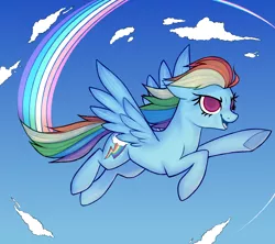 Size: 1800x1600 | Tagged: safe, artist:overthemaginot, derpibooru import, rainbow dash, pegasus, pony, backwards cutie mark, cloud, female, flight, flying, mare, rainbow, sky, spread wings, wings