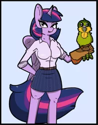 Size: 684x867 | Tagged: safe, artist:n-o-n, derpibooru import, twilight sparkle, alicorn, anthro, bird, parrot, breasts, clothes, kakapo, looking at you, shirt, skirt, solo, suit, tube skirt, twilight sparkle (alicorn)