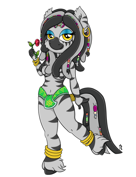 Size: 2000x2600 | Tagged: alternate version, anklet, anthro, artist:dawn-designs-art, breasts, clothes, commission, derpibooru import, dreadlocks, ear piercing, earring, eyeshadow, female, flower, hair beads, jewelry, loincloth, looking at you, makeup, nipples, nudity, oc, oc:silver needle, piercing, questionable, simple background, smiling, solo, solo female, transparent background, unguligrade anthro, unofficial characters only, yellow eyes, zebra, zebra oc