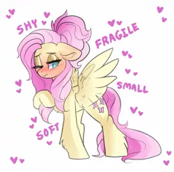 Size: 1331x1315 | Tagged: safe, artist:h0rsefeathers, derpibooru import, fluttershy, pegasus, pony, alternate hairstyle, blushing, cute, ear fluff, embarrassed, eyeshadow, female, floppy ears, fluffy, frown, heart, hoof fluff, leg fluff, lidded eyes, makeup, mare, one eye closed, ponytail, raised hoof, shy, shyabetes, simple background, solo, spread wings, wavy mouth, white background, wing fluff, wings, wink