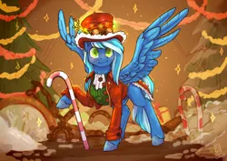 Size: 3541x2508 | Tagged: safe, artist:wonderblue, derpibooru import, oc, oc:thinker blue, unofficial characters only, pegasus, christmas, christmas lights, christmas tree, clothes, hat, holiday, pegasus oc, snow, steampunk, tree, wings