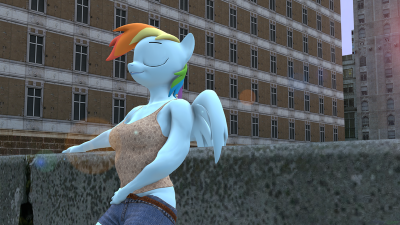 Size: 4000x2250 | Tagged: safe, artist:johnnyxluna, derpibooru import, rainbow dash, oc, oc:vanilla beam, anthro, human, pegasus, pony, 3d, belt, breasts, canon x oc, clothes, eyes closed, jeans, leaning on wall, macro, macro/micro, micro, pants, sfm pony, shorts, smiling, source filmmaker, tanktop