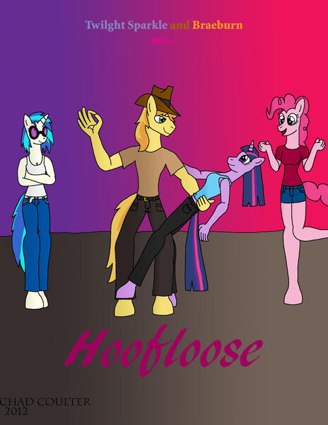 Size: 2153x2786 | Tagged: safe, artist:baroquewolfe, derpibooru import, braeburn, pinkie pie, twilight sparkle, vinyl scratch, anthro, unguligrade anthro, clothes, dance floor, dancing, female, floor, footloose, holding, horn, male, midriff, parody, poster, shipping, straight, tanktop, text, twiburn