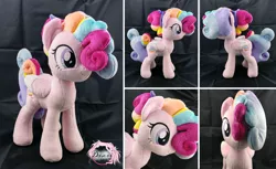 Size: 2097x1280 | Tagged: safe, artist:dixierarity, derpibooru import, oc, oc:confetti pop, pegasus, bow, commission, curls, cute, handmade, plushie, rainbow, sewing, your character here