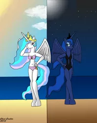 Size: 2180x2750 | Tagged: safe, artist:baroquewolfe, derpibooru import, princess celestia, princess luna, anthro, unguligrade anthro, bandeau, beach, belly button, bikini, breasts, cleavage, clothes, cloud, crown, day and night, female, horn, jewelry, monokini, moon, moonlight, ocean, one-piece swimsuit, regalia, sand, stars, sun, swimsuit