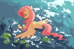 Size: 855x571 | Tagged: safe, artist:vergolophus, derpibooru import, fluttershy, bird, duck, pegasus, pony, behaving like a bird, blushing, cute, duckling, female, lilypad, mare, shyabetes, smiling, solo, spread wings, swimming, water, water fowl, wings
