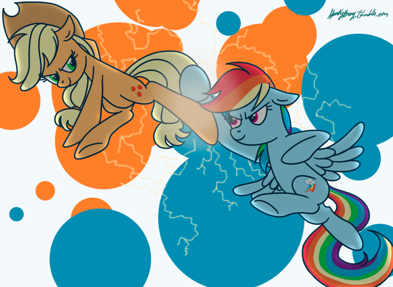 Size: 1100x805 | Tagged: safe, artist:kyle23emma, derpibooru import, applejack, rainbow dash, earth pony, pegasus, action pose, blue, electricity, food, hoofbump, kick, lightning, orange, simple background, white background