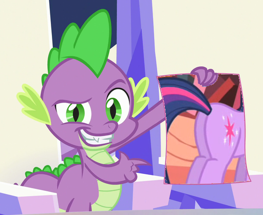 Size: 512x419 | Tagged: safe, derpibooru import, edit, screencap, spike, twilight sparkle, dragon, pony, unicorn, party of one, season 6, the crystalling, butt, claws, cropped, crystal heart, dreamworks face, fangs, female, golden oaks library, hero, image, library, male, mare, plot, png, poster, smiling, smug, twibutt, unicorn twilight