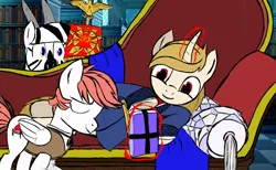 Size: 1356x836 | Tagged: safe, artist:uncreative, derpibooru import, oc, oc:fluffy pillow, oc:regal inkwell, pegasus, unicorn, zebra, bowing, butler, clothes, fainting couch, happy, magic, master and servant, present, robe, roman, spqr, telekinesis, this will end in tears, trio, waistcoat