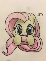 Size: 1024x1365 | Tagged: safe, artist:bobdude0, derpibooru import, fluttershy, pegasus, pony, cute, holding tail, looking at you, shyabetes, simple background, solo, traditional art, wide eyes