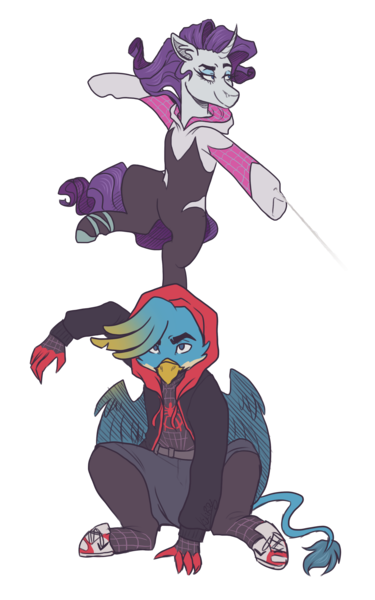 Size: 2000x3200 | Tagged: safe, artist:kikirdcz, derpibooru import, gallus, rarity, gryphon, pony, unicorn, alternate hairstyle, belt, clothes, commission, duo, eyeshadow, female, gwen stacy, hoodie, leggings, makeup, male, mare, miles morales, shirt, shoes, shorts, simple background, sneakers, spider-gwen, spider-man, spider-man: into the spider-verse, t-shirt, transparent background