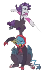 Size: 2000x3200 | Tagged: safe, artist:kikirdcz, derpibooru import, gallus, rarity, gryphon, pony, unicorn, alternate hairstyle, belt, clothes, commission, duo, eyeshadow, female, gwen stacy, hoodie, leggings, makeup, male, mare, miles morales, shirt, shoes, shorts, simple background, sneakers, spider-gwen, spider-man, spider-man: into the spider-verse, t-shirt, transparent background