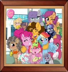 Size: 1153x1215 | Tagged: safe, artist:unoriginai, derpibooru import, cheese sandwich, li'l cheese, maud pie, pinkie pie, rainbow dash, scootaloo, oc, oc:celery snap, oc:chicken pot pie, oc:garage rock, oc:geode, oc:monochrome mayhem, oc:party pop, oc:slapstick, oc:sugar crash, oc:sweet potato pie, earth pony, pegasus, pony, the last problem, adopted daughter, baby, baby pony, balloon, blushing, crying, cute, family, family photo, flying, looking at you, magical lesbian spawn, next generation, offspring, older, older cheese sandwich, older pinkie pie, one eye closed, open mouth, parent:cheese sandwich, parent:maud pie, parent:pinkie pie, parent:rainbow dash, parents:cheesepie, parents:maudwich, parents:pinkiedash, picture, picture frame, rubber chicken, scootaloo can fly, smiling, tears of joy, tongue out, twins, wink