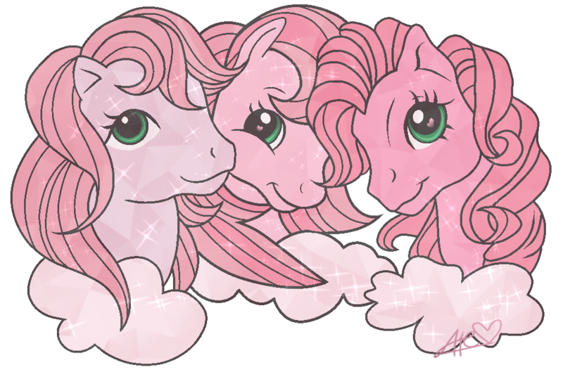 Size: 1028x702 | Tagged: safe, artist:muhammad yunus, derpibooru import, crystal pony, earth pony, pony, my little pony 'n friends, season 1, season 2, season 4, aelita schaeffer, cloud, code lyoko, crossover, female, g1, g1 to g3, g2, g3, generation leap, heart, looking at you, mare, simple background, smiling, sparkles, transparent background