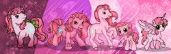 Size: 1708x539 | Tagged: safe, artist:muhammad yunus, derpibooru import, alicorn, earth pony, pony, unicorn, season 1, season 2, season 4, season 5, aelita schaeffer, bow, broken horn, code lyoko, evolution, female, g1, g2, g3, g3.5, g4, happy, heart, horn, looking at you, mare, medibang paint, open mouth, smiling, stars, tail bow