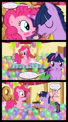 Size: 1280x2300 | Tagged: safe, artist:bigsnusnu, derpibooru import, pinkie pie, spike, twilight sparkle, dragon, earth pony, unicorn, comic:dusk shine in pursuit of happiness, balloon, bed, blushing, burned food, dusk shine, food, half r63 shipping, pie, rule 63, shipping, surprised