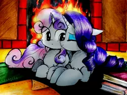 Size: 3071x2303 | Tagged: safe, artist:liaaqila, derpibooru import, rarity, sweetie belle, pony, unicorn, book, commission, cute, diasweetes, duo, eye clipping through hair, female, filly, fire, fireplace, high res, kiss on the cheek, kissing, mare, platonic kiss, raribetes, sibling love, siblings, sisterly love, sisters, traditional art