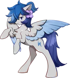Size: 1197x1338 | Tagged: artist needed, safe, derpibooru import, oc, oc:zephyrpony, unofficial characters only, pegasus, derpibooru community collaboration, 2021 community collab, flower, flower on ear, rearing, simple background, solo, transparent background, two toned wings, wings