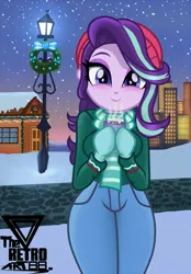 Size: 1300x1872 | Tagged: safe, artist:theretroart88, derpibooru import, starlight glimmer, equestria girls, beverage, building, chocolate, christmas, christmas lights, city, clothes, cup, cute, female, food, glimmerbetes, gloves, hat, holiday, hot chocolate, lamp post, looking at you, pants, path, santa hat, smiling, snow, snowfall, solo, striped scarf, winter, wreath